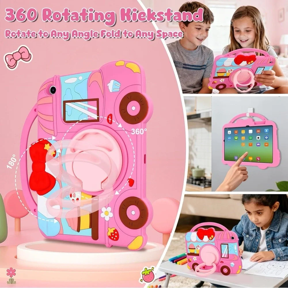 Galaxy Tab A9 Plus 11” Case Kids Pink w/ Strap Handle & Rotating Stand